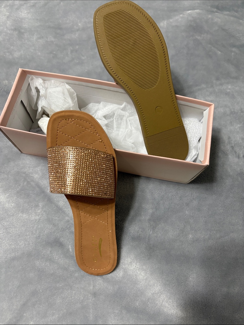 Glaze Tan/Rose Gold Crystal Slide Sandals